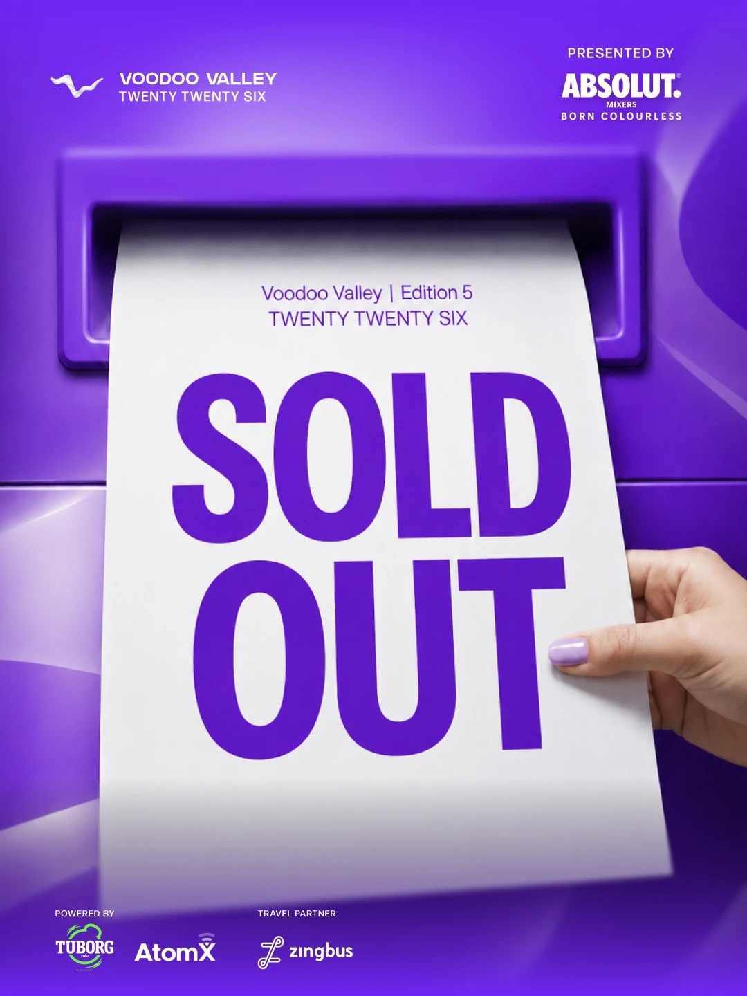 Voodoo Valley sold-out announcement showing a printed receipt against a violet background.