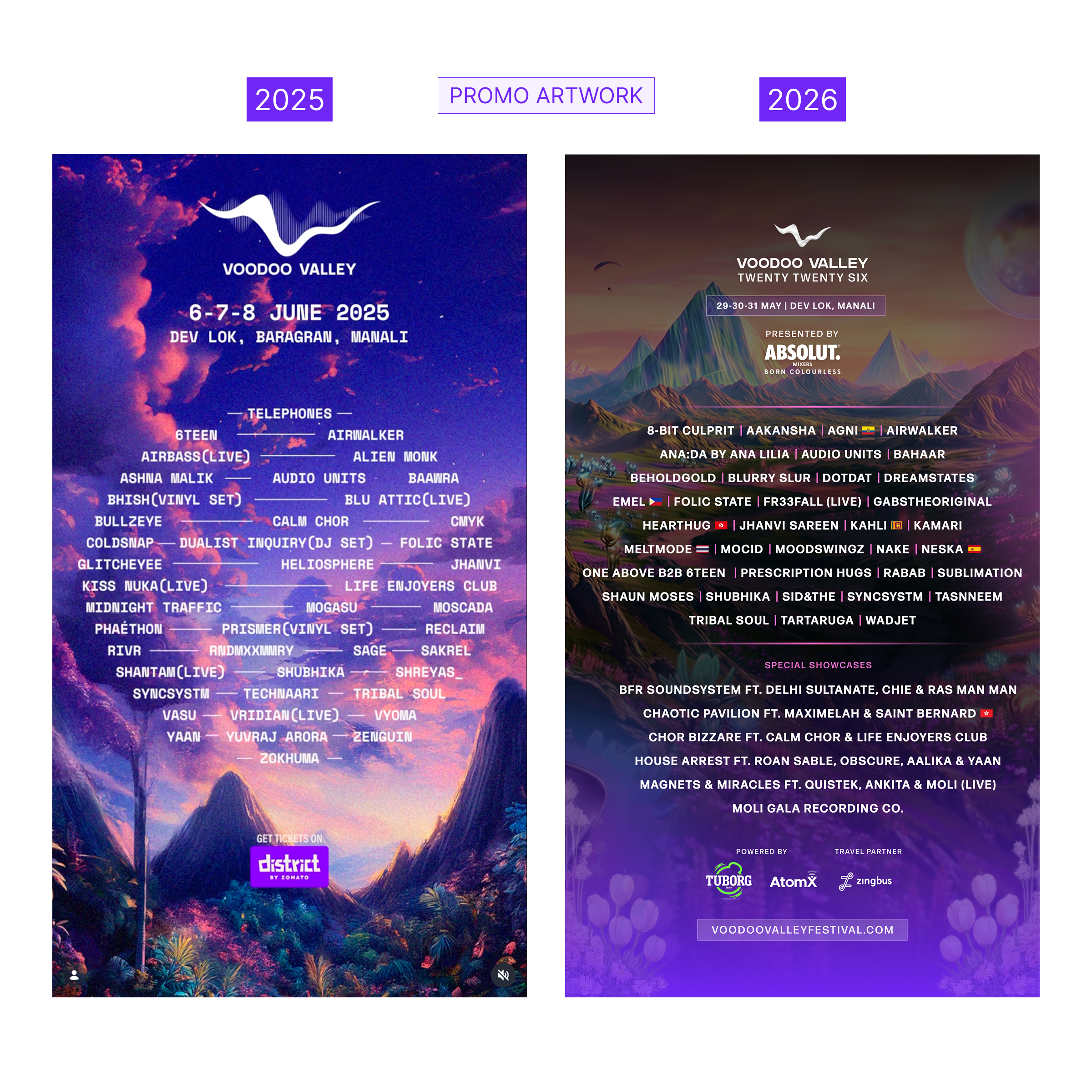 Voodoo Valley 2025 and 2026 promotional posters, showing the retained emblem and updated visual direction.