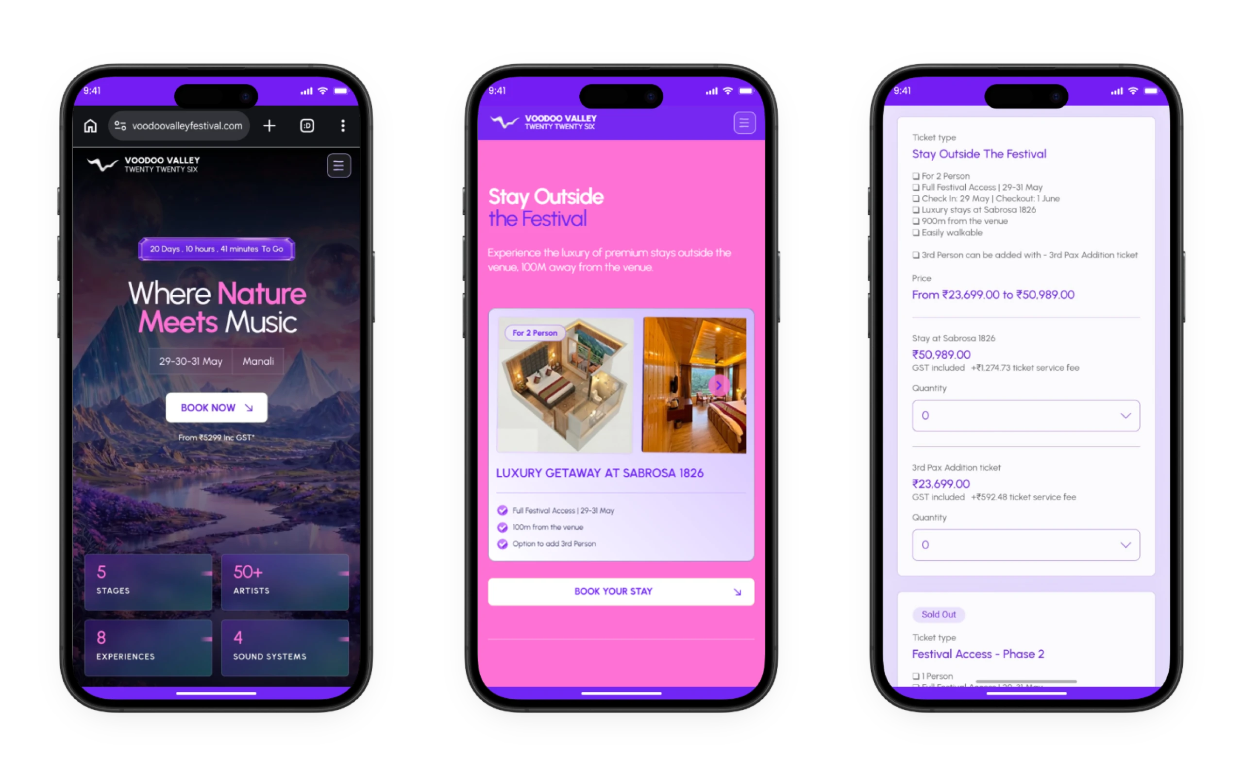 Three mobile website screens showing the festival homepage, accommodation details and ticket selection.